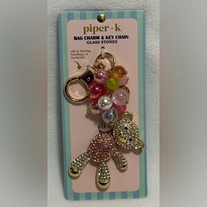 Piper K Rhinestone Teddy Bear With Balloons Bag Charm & Key Chain NWT